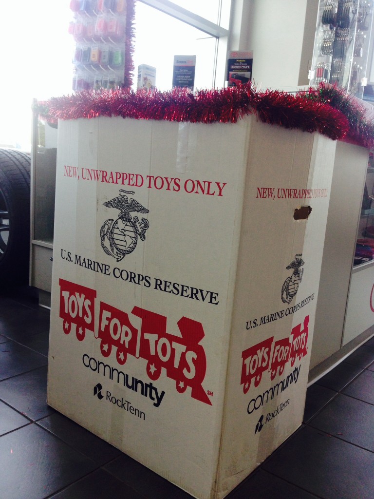 The Toys for Tots collection box next to our Toyota Parts Counter in the Toyota Service Lounge
