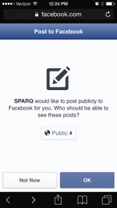 Confirm that you will allow Sparq access to your Facebook profile, and make this one time only post on your behalf. 