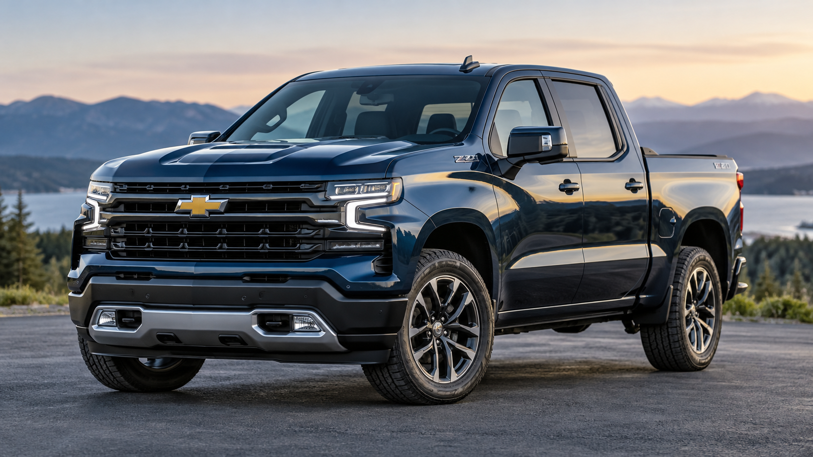2026 Chevrolet Silverado pickup truck in dark blue, featuring a bold front grille, LED headlights, and rugged design, available at Milton Ruben Chevrolet in Augusta, GA.