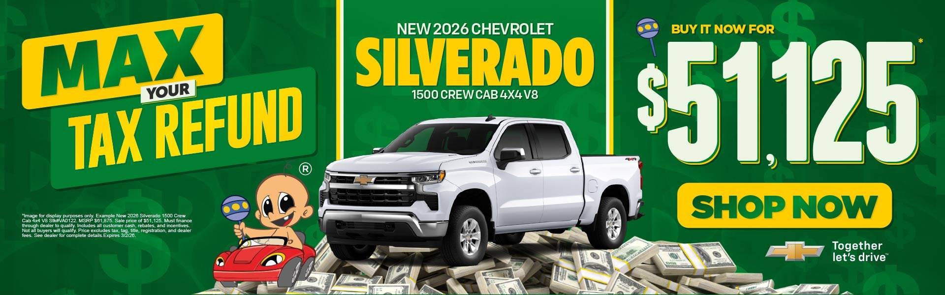 NEW 2026 SILVERADO 1500 CREW CAB 4x4 V8	Buy It Now $51,125*