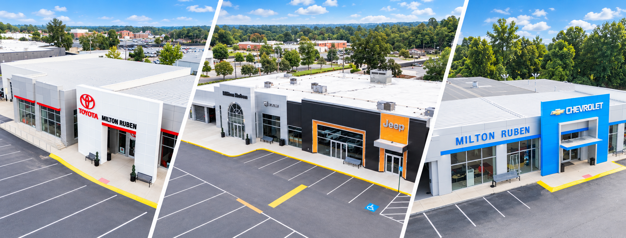 Aerial drone view of Milton Ruben Superstore in Augusta, GA, featuring all three dealerships: Milton Ruben Toyota, Milton Ruben Chrysler Dodge Jeep Ram, and Milton Ruben Chevrolet.